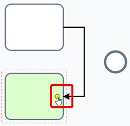 A screenshot demonstrating that the &quot;downstream&quot; or &quot;head&quot; of a sequence flow can be adjusted as well. The sequence flow has been dragged so that one task now points down into another task. The task element is highlighted green to indicate the user can release their mouse here. The screenshot is annotated with a red box to highlight the location of the user&#39;s mouse.